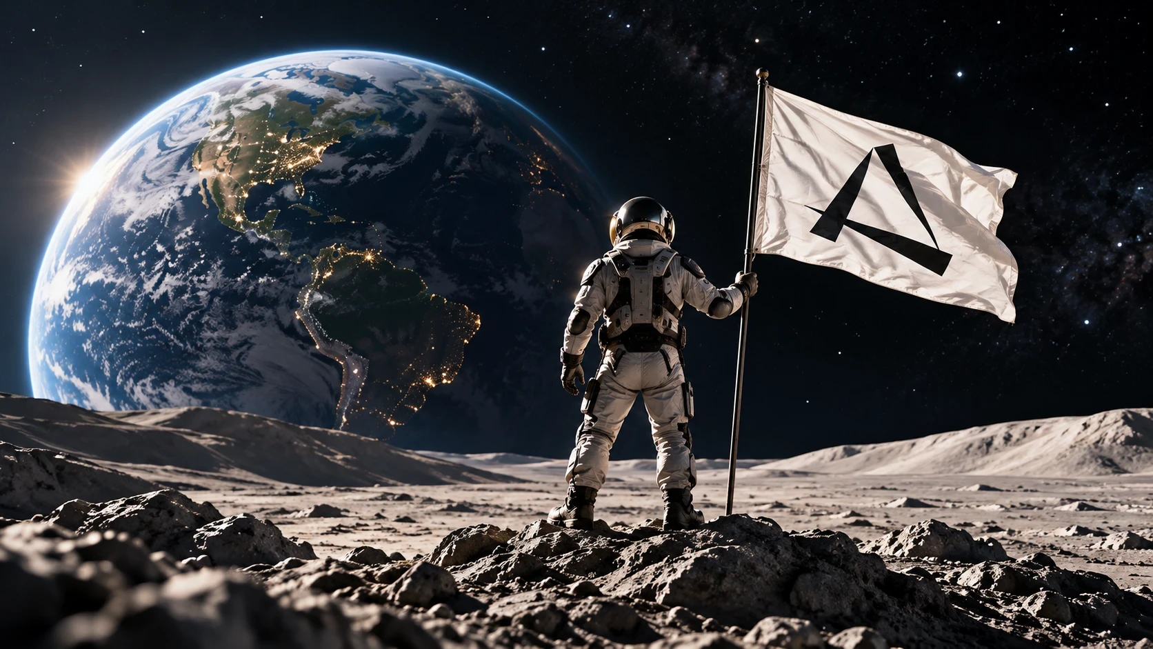 An astronaut on the moon raising the magnum opus flag, with Earth in the distance