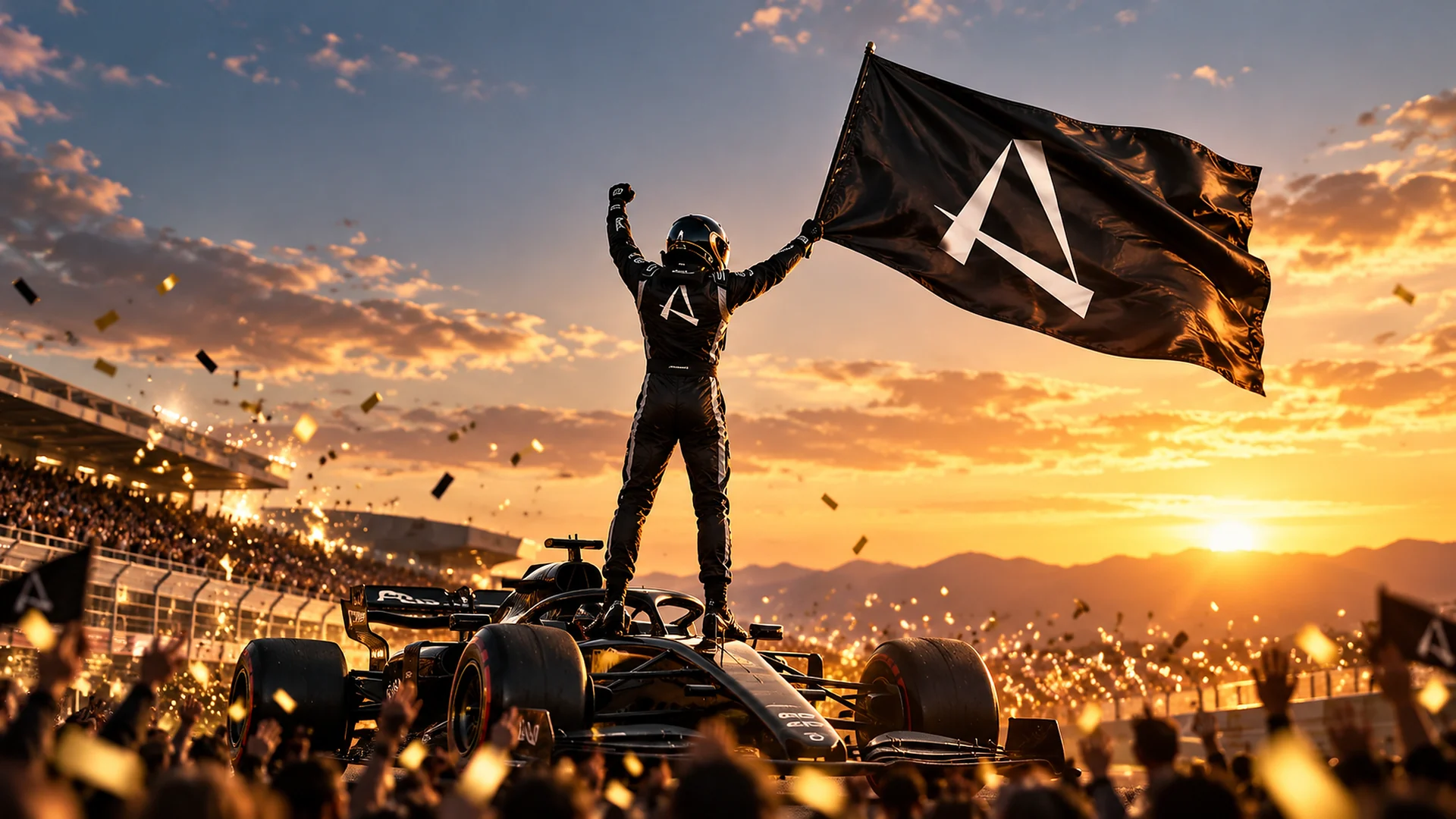 A racing driver standing on their car at sunset, raising the magnum opus flag before the crowd