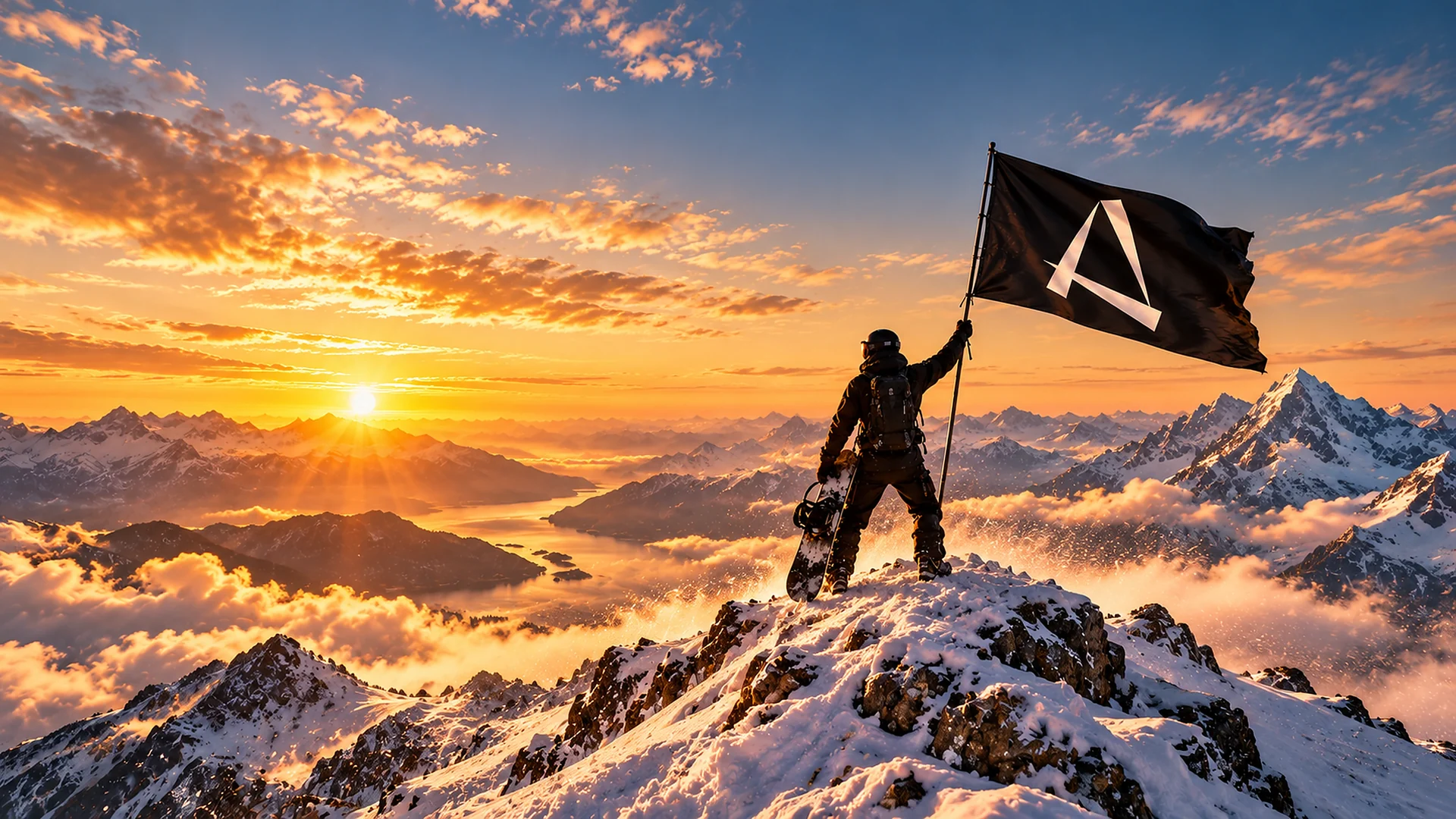A snowboarder on a mountain summit at sunrise, raising the magnum opus flag