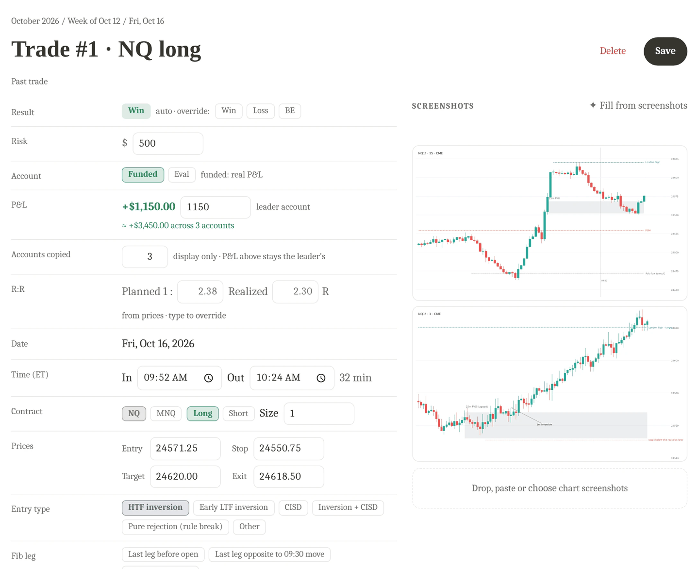 A logged NQ trade with entry and exit details, trade reasoning and two chart screenshots