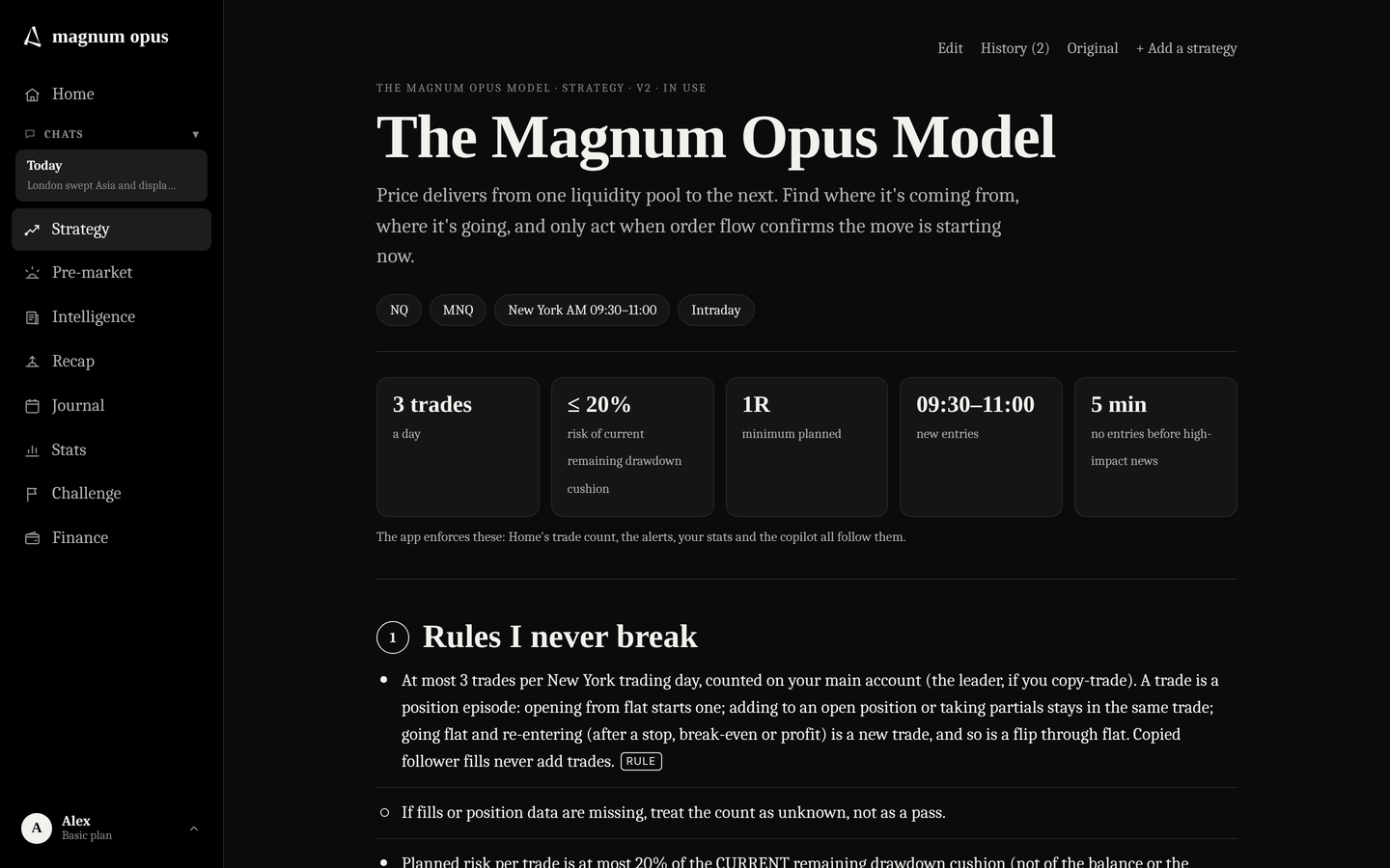 The Strategy tab in dark mode: the Magnum Opus Model with its enforced limits of 3 trades a day, risk cap, entry window and news buffer